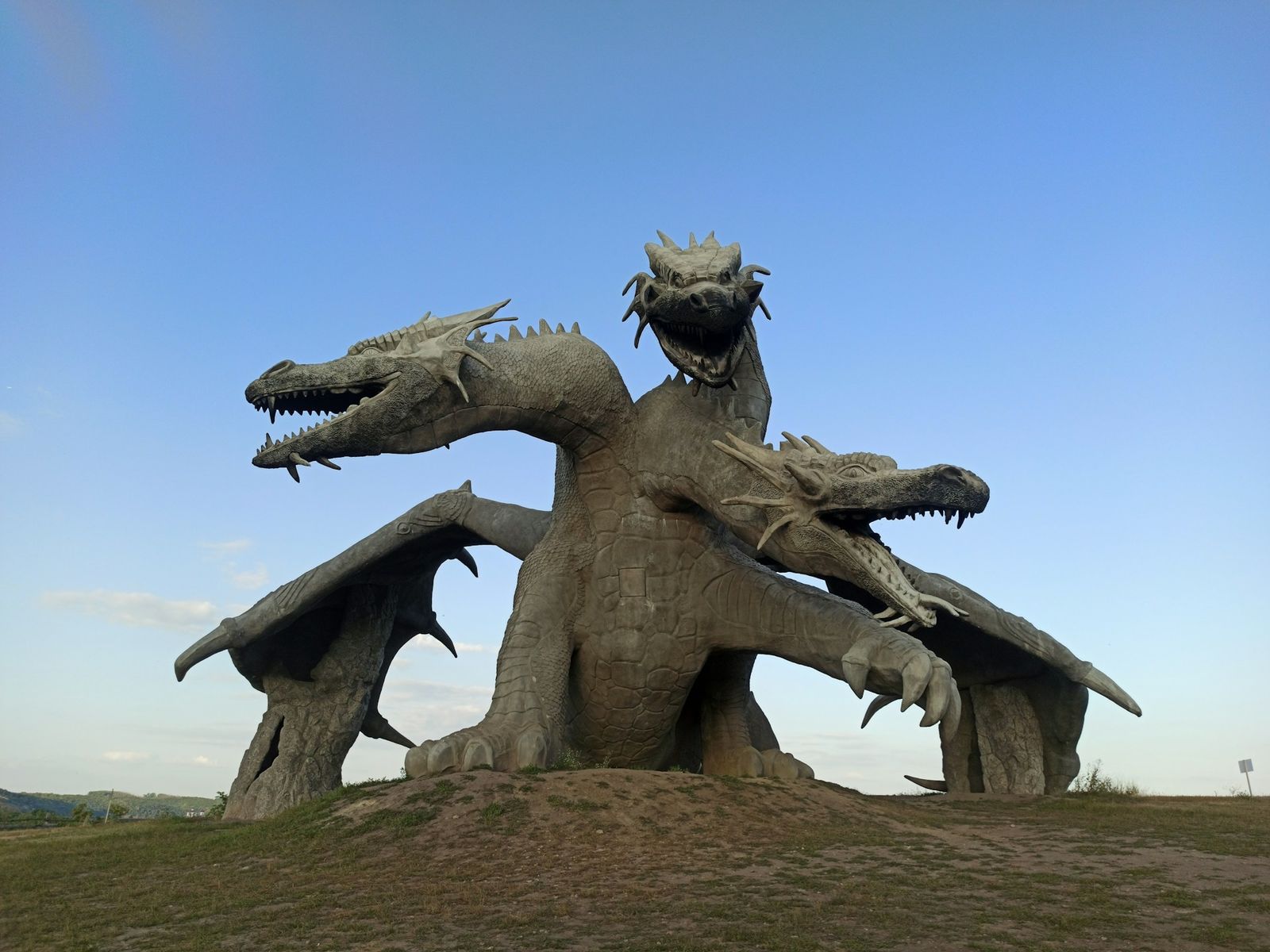 A statue of a three-headed monster